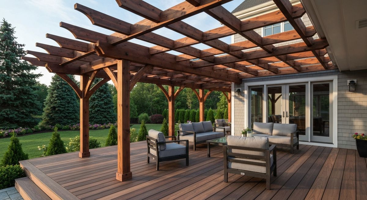 Pergola over a composite deck with outdoor seating Pergola over a composite deck with outdoor seating