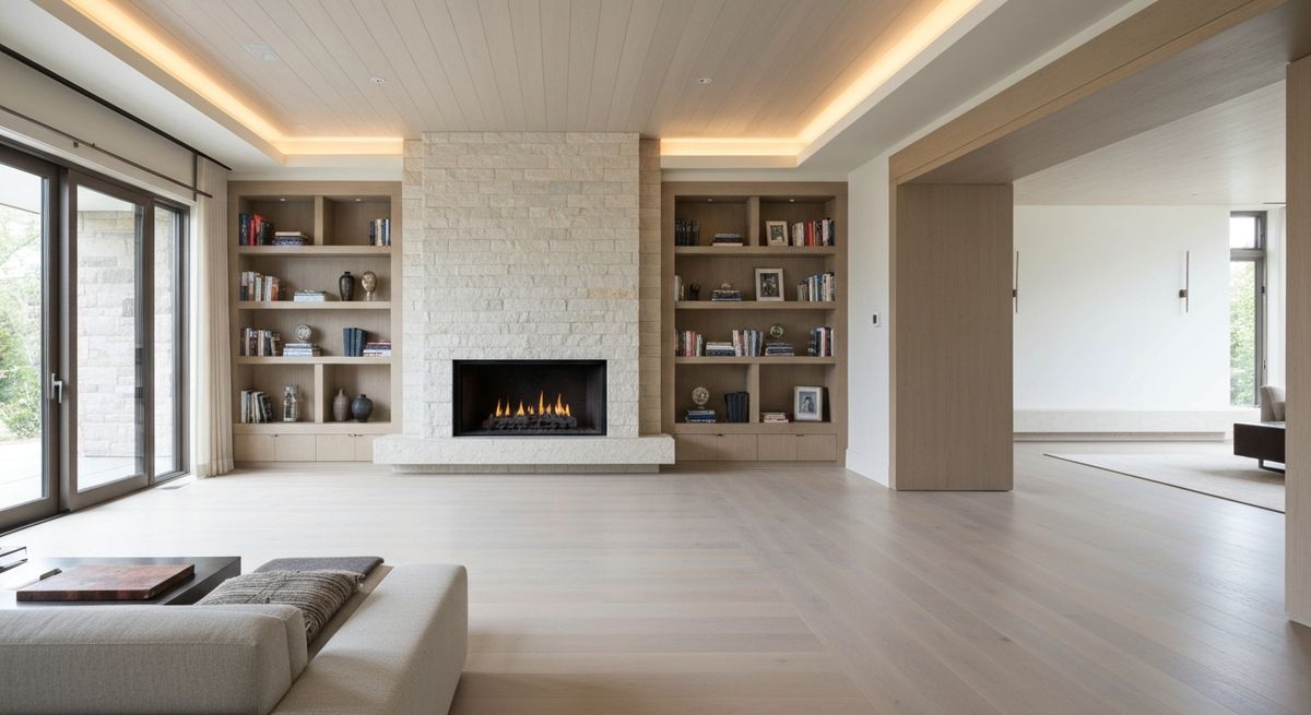 Living room with a stone fireplace and built-in shelving Living room with a stone fireplace and built-in shelving