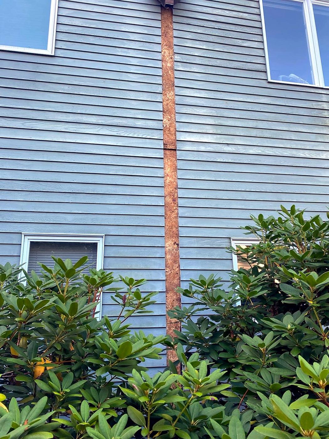 Stained, deteriorated vertical trim board on lap siding at a Concord, MA condominium before repair