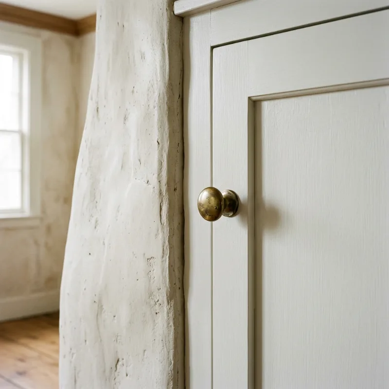 Design idea: close-up of a painted built-in cabinet scribed tight to an uneven plaster wall