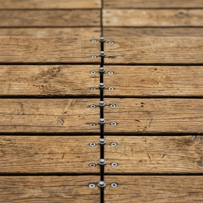 Design idea: close-up of pressure-treated deck boards with face screws in a straight line over a joist