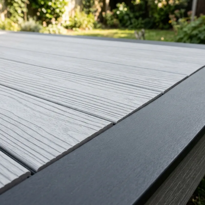 Design idea: close-up of grooved PVC deck boards with hidden fasteners and a picture-frame border